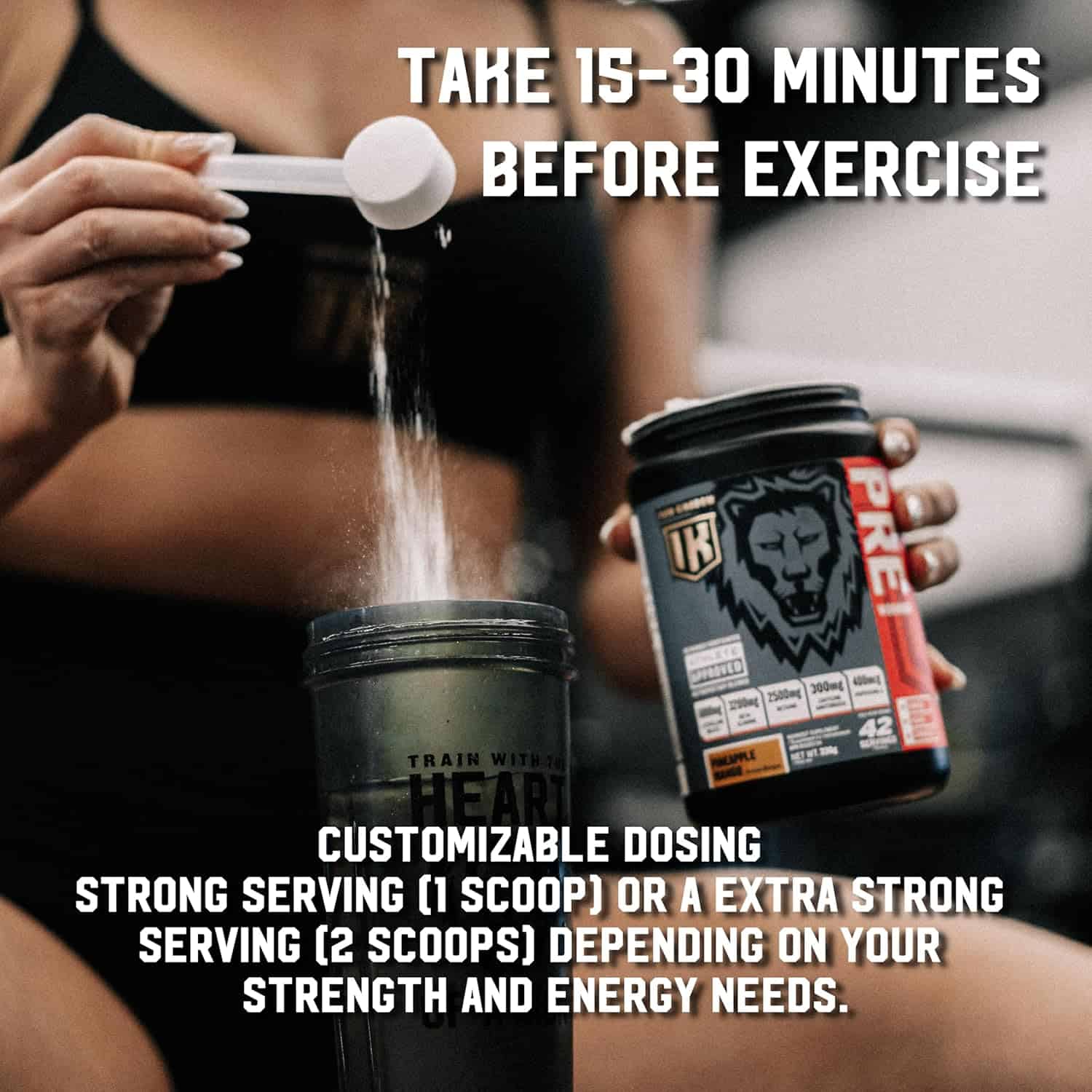 Person holding a scoop of protein powder with supplement containers and text about usage.