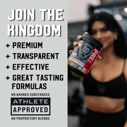 Person holding a supplement container with promotional text on a gray background