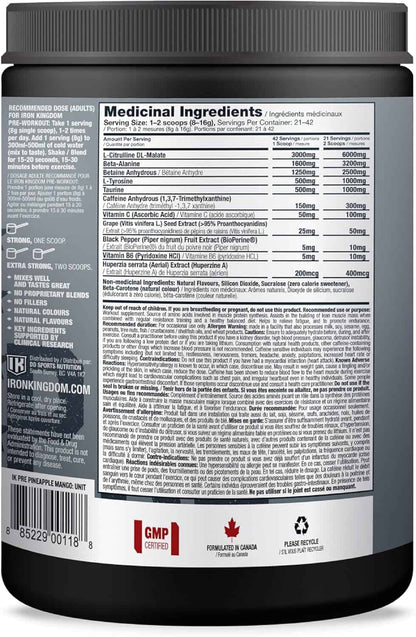 Supplement container with a list of medicinal ingredients on a black background