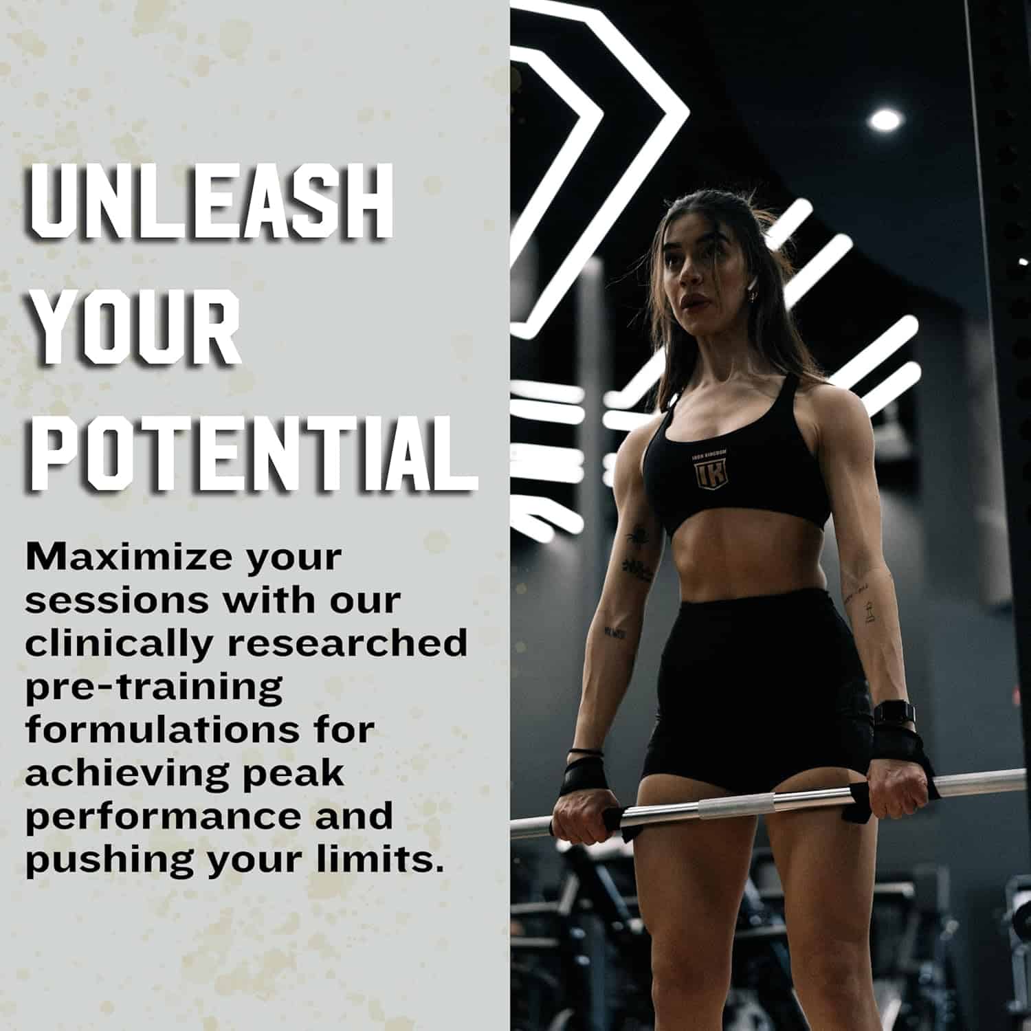 Woman lifting weights with promotional text about pre-training formulations in a gym setting