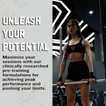 Woman lifting weights with promotional text about pre-training formulations in a gym setting