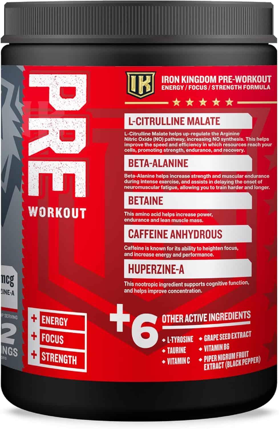 Iron Kingdom pre-workout supplement container with red label and black lid.