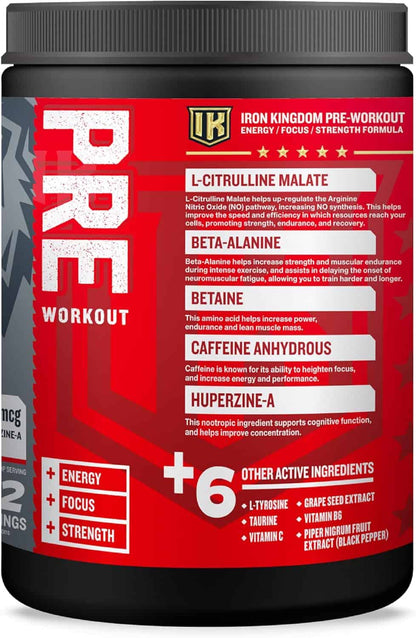 Iron Kingdom pre-workout supplement container with red label and black lid.