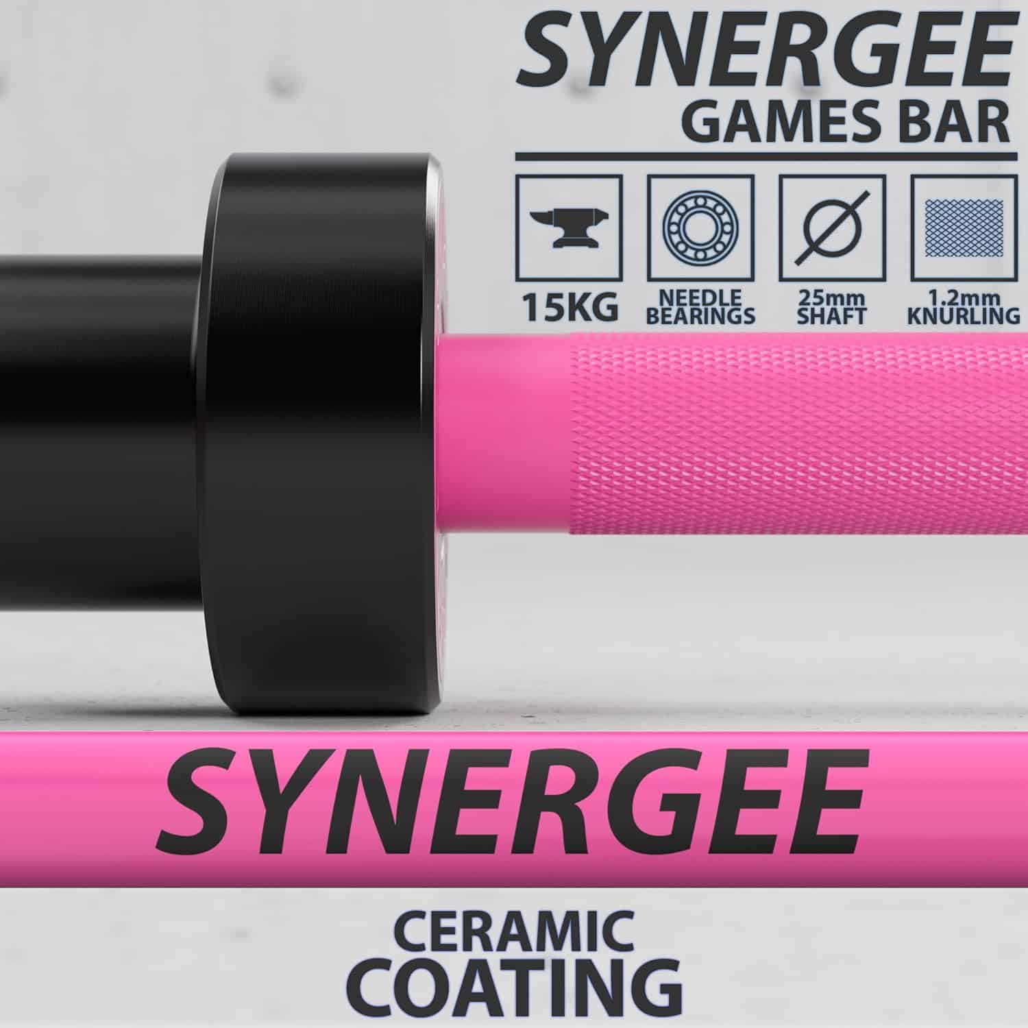Synergee Games Barbell – 15kg & 20kg Colored Ceramic Coated Olympic Bar | 1500lb Capacity for Weightlifting & Powerlifting | High-Performance Bar with Needle Bearings Synergee