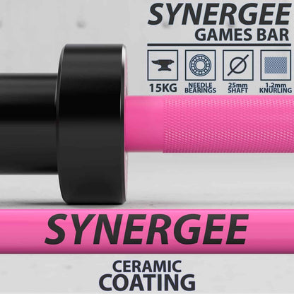Synergee Games Barbell – 15kg & 20kg Colored Ceramic Coated Olympic Bar | 1500lb Capacity for Weightlifting & Powerlifting | High-Performance Bar with Needle Bearings Synergee