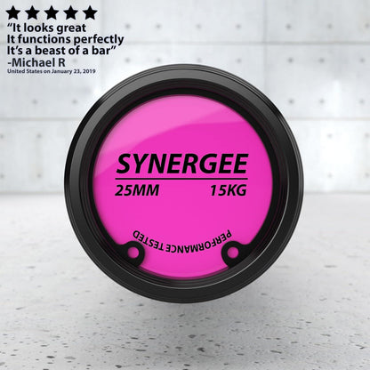 Synergee Games Barbell – 15kg & 20kg Colored Ceramic Coated Olympic Bar | 1500lb Capacity for Weightlifting & Powerlifting | High-Performance Bar with Needle Bearings Synergee