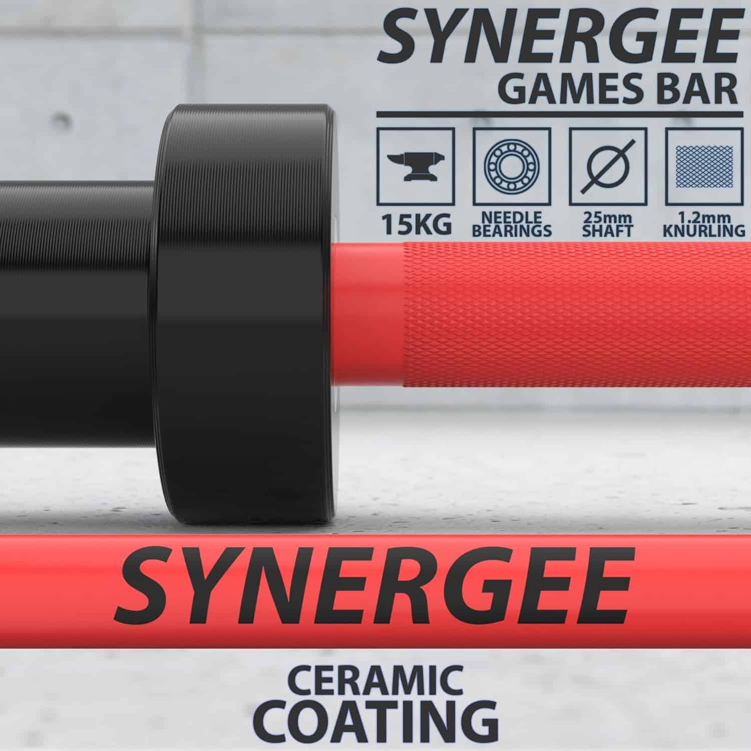 Synergee Games Barbell – 15kg & 20kg Colored Ceramic Coated Olympic Bar | 1500lb Capacity for Weightlifting & Powerlifting | High-Performance Bar with Needle Bearings Synergee
