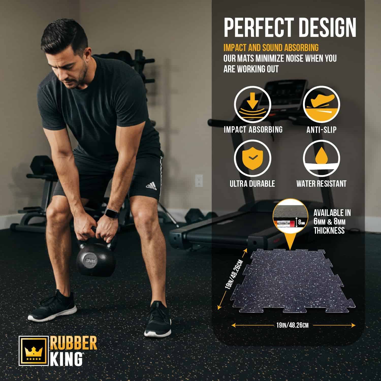 Rubber King 10-Piece Interlocking Gym Floor Tiles – 19” x 19” x 6mm, 100% Recycled Rubber Exercise Mats, Slip-Resistant Low-Odor Flooring for Home Gym, 23.5 sq ft Dinoflex
