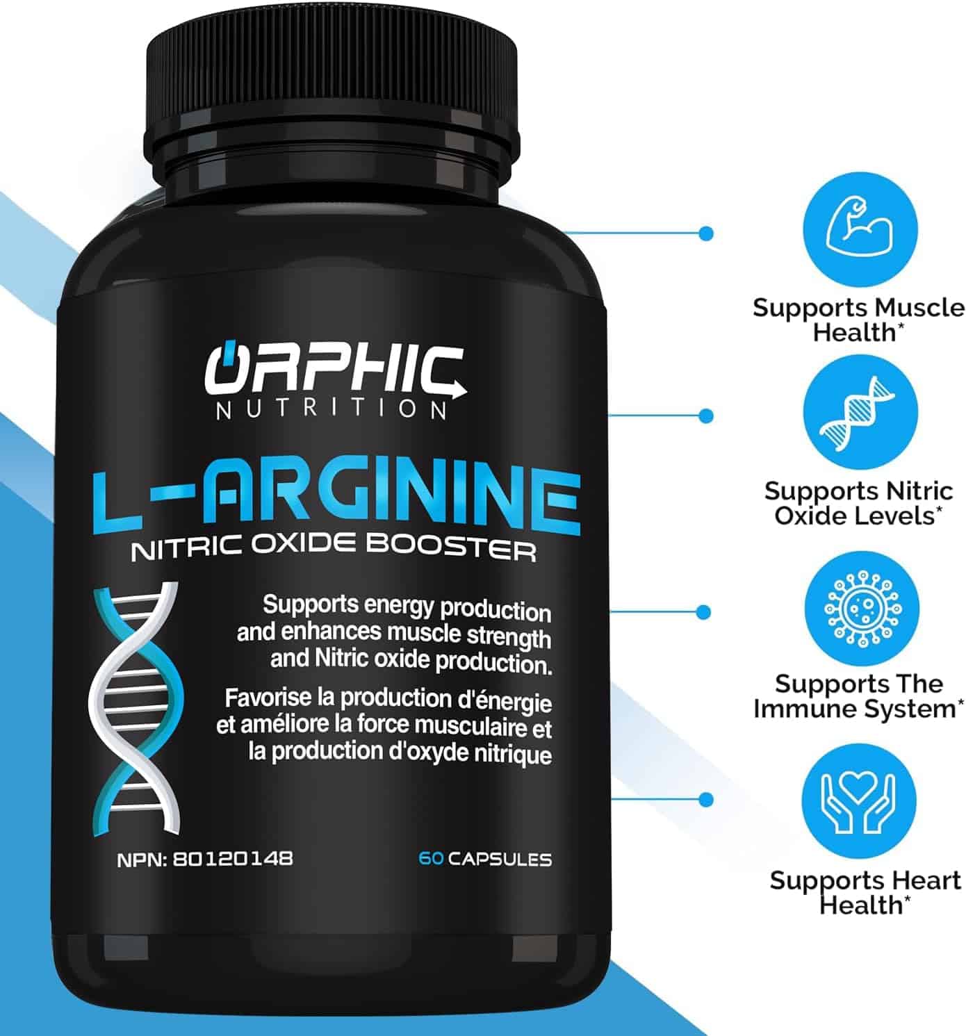 Black supplement bottle labeled 'L-Arginine' by Urphic Nutrition on a white background with blue accents.