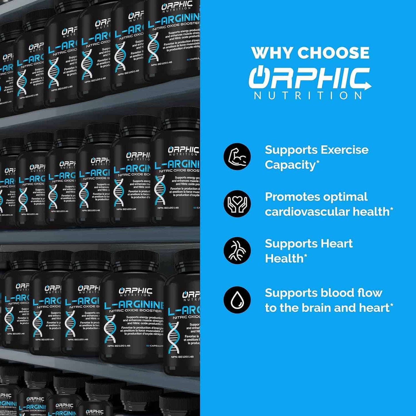 Supplement bottles on a shelf with Orphic Nutrition branding and product benefits listed.
