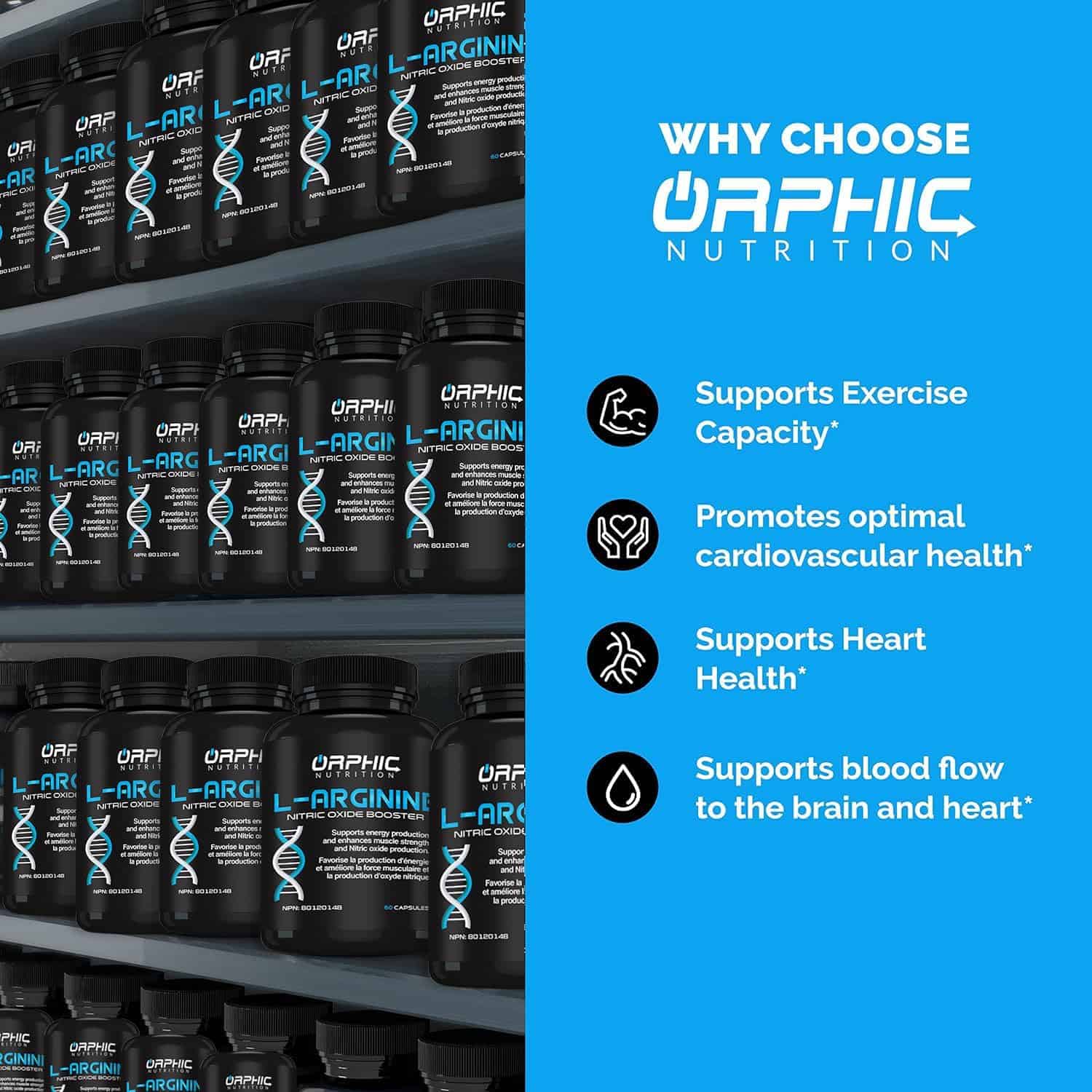 Supplement bottles on a shelf with Orphic Nutrition branding and product benefits listed.