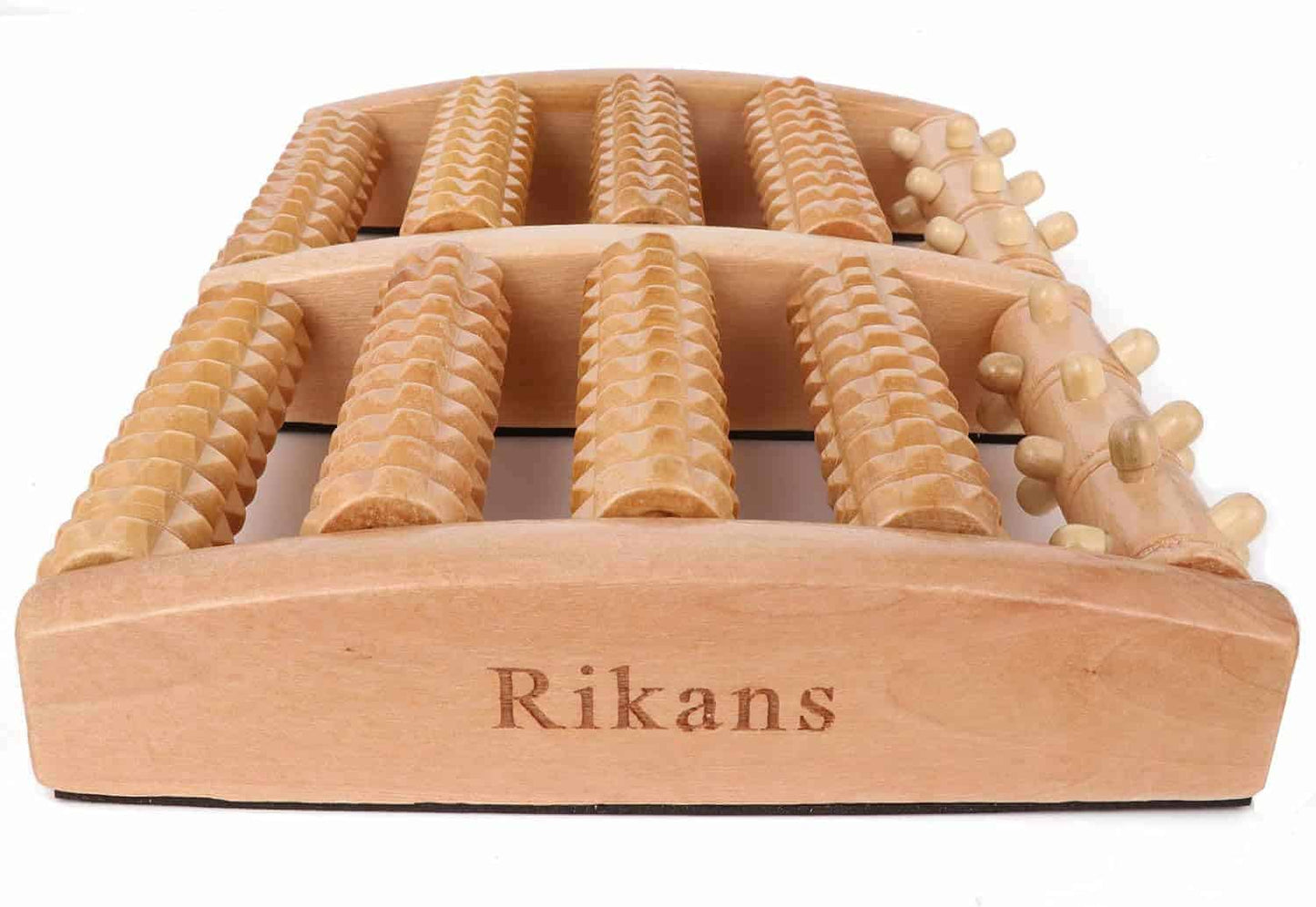 Wooden massage tool with textured surface and 'Rikans' branding on a white background