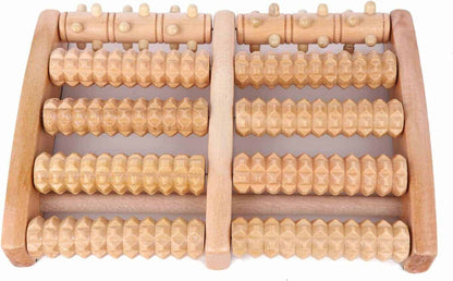 Wooden foot massager with multiple rollers on a white background