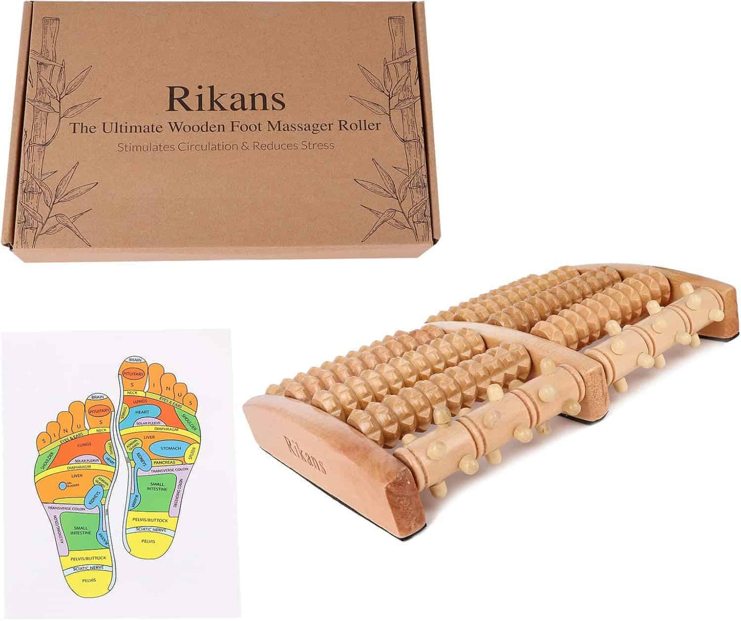 Wooden foot massager roller with Rikans branding and a foot acupressure map.