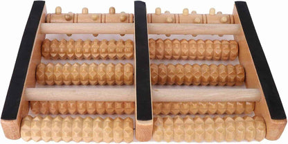 Wooden foot roller massager with black handles on a white background