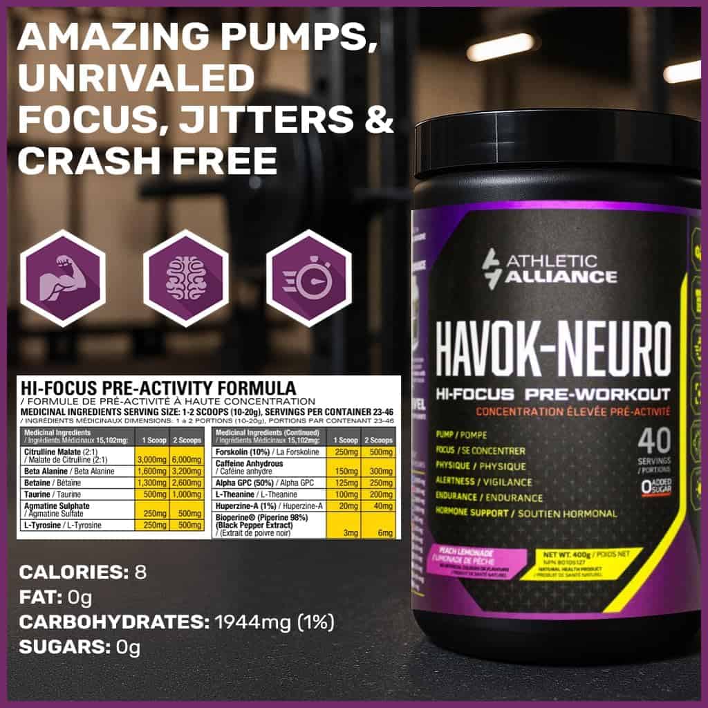 Athletic Alliance Havok Neuro Pre-Workout – Nootropic Powder for Focus, Endurance & Cognition – Sugar-Free (Peach Lemonade & Frost Berry, 40 Servings) Athletic Alliance