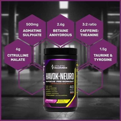 Athletic Alliance Havok Neuro Pre-Workout – Nootropic Powder for Focus, Endurance & Cognition – Sugar-Free (Peach Lemonade & Frost Berry, 40 Servings) Athletic Alliance