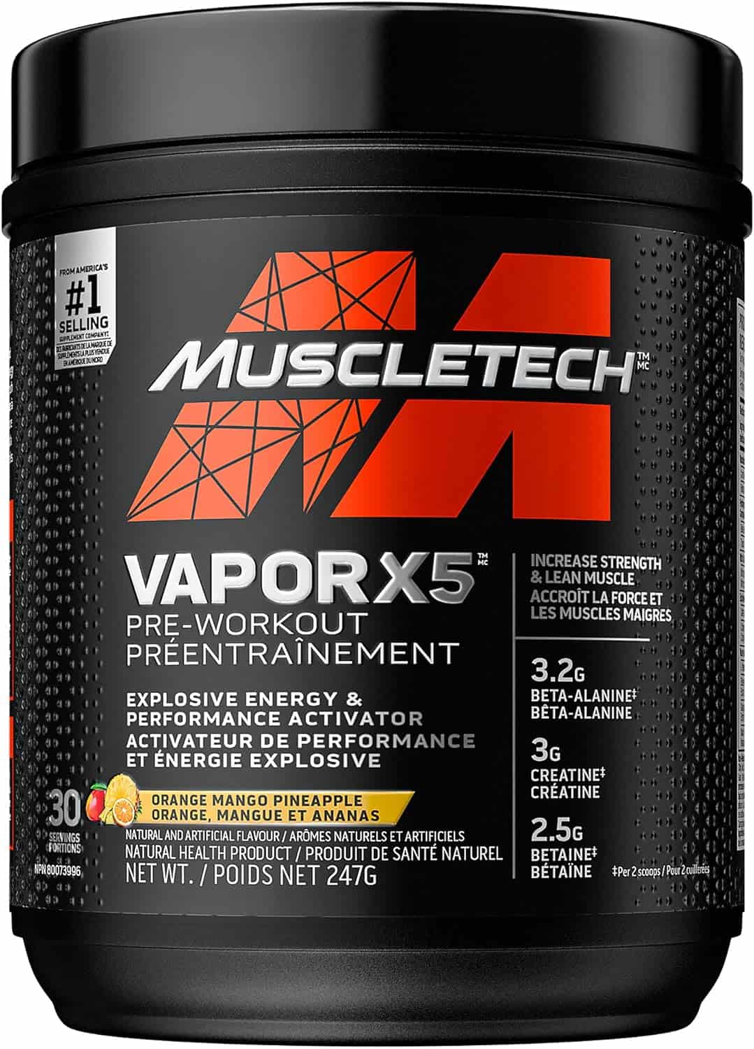 MuscleTech Vapor X5 Pre-Workout Supplement – Intense Energy & Muscle Pump Powder, Orange Mango Pineapple (30 Servings) MUSCLETECH