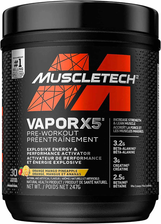 MuscleTech Vapor X5 Pre-Workout Supplement – Intense Energy & Muscle Pump Powder, Orange Mango Pineapple (30 Servings) MUSCLETECH