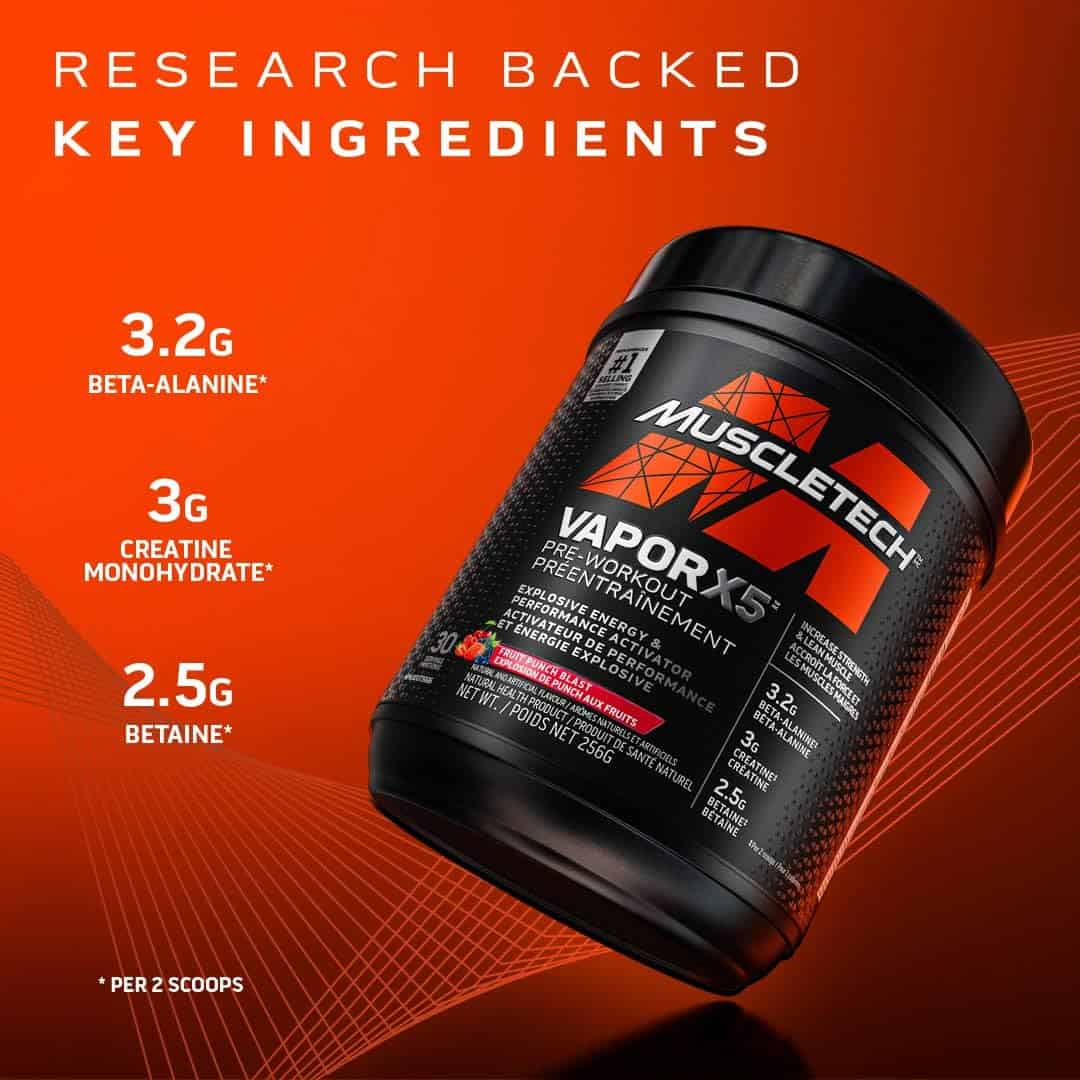 MuscleTech Vapor X5 Pre-Workout Supplement – Intense Energy & Muscle Pump Powder, Orange Mango Pineapple (30 Servings) MUSCLETECH