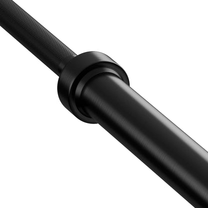 Close-up of a black metal rod with a knurled grip on a white background