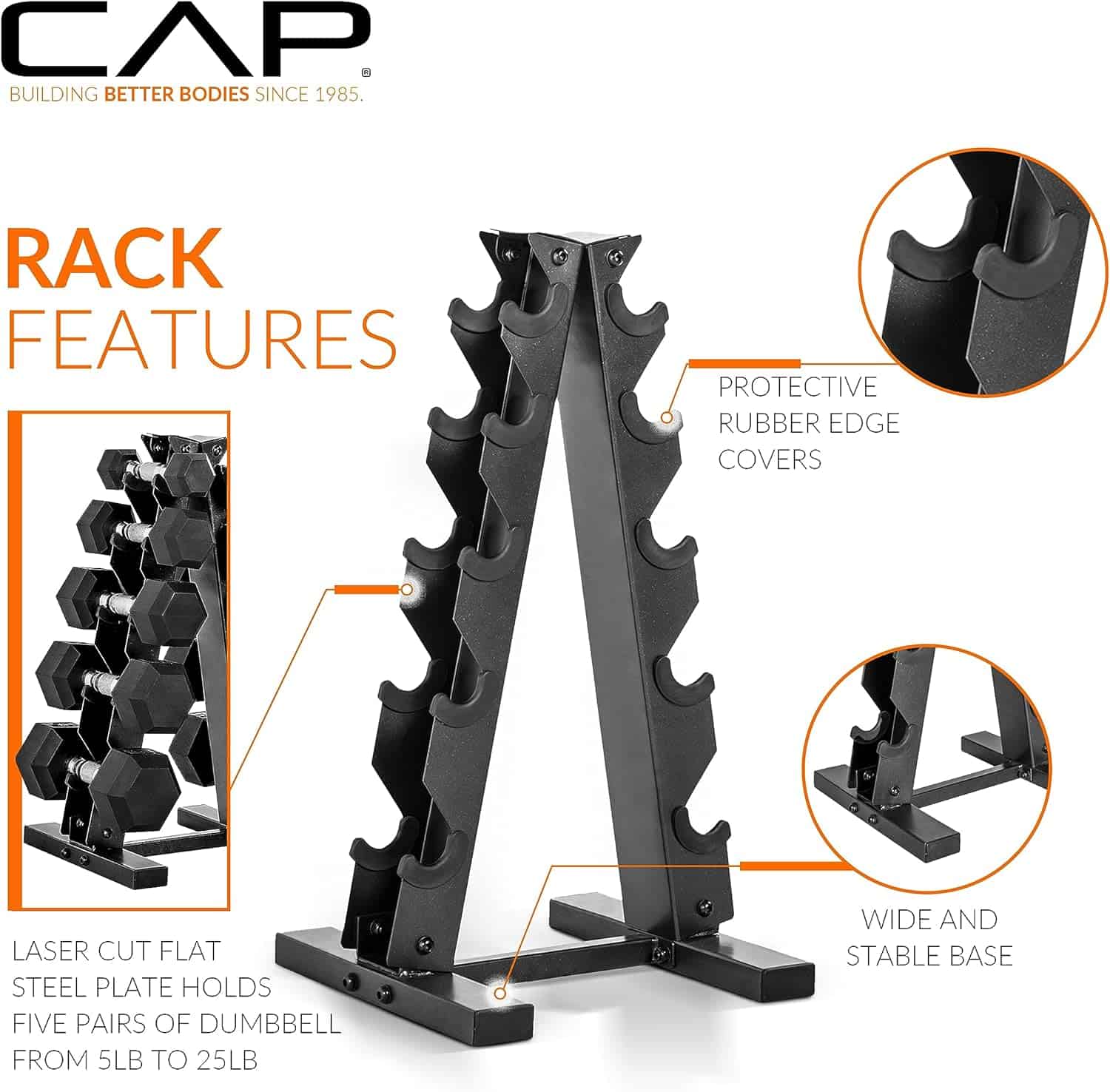 Black dumbbell rack with features highlighted on a white background