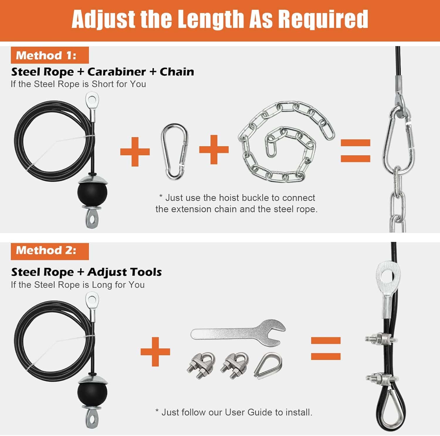 Instructions for adjusting steel rope length using a carabiner and chain or adjust tools.