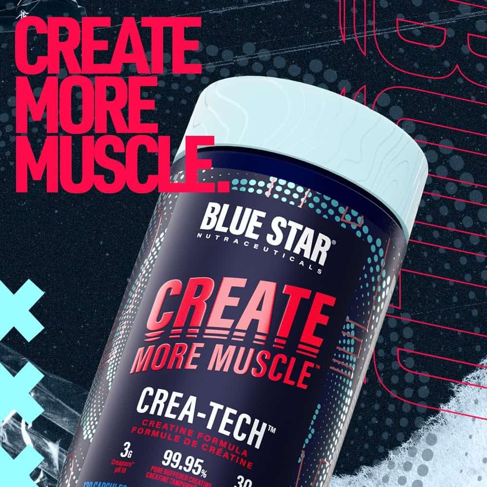 Blue Star Nutraceuticals Crea-Tech supplement container with promotional text on a dark background