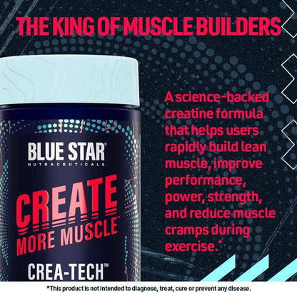 Blue Star Nutraceuticals Crea-Tech supplement container with promotional text on a dark background