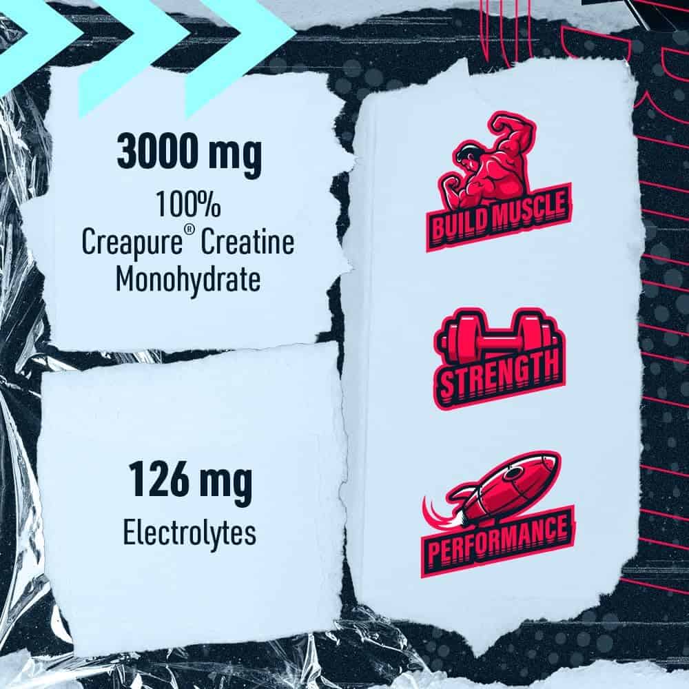 Supplement packaging with text and logos on a black background