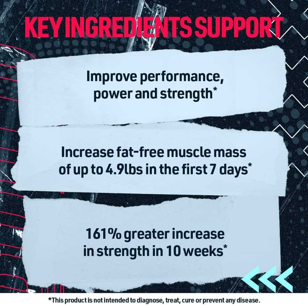 Text on a black background with white and red elements, highlighting key ingredients' benefits.