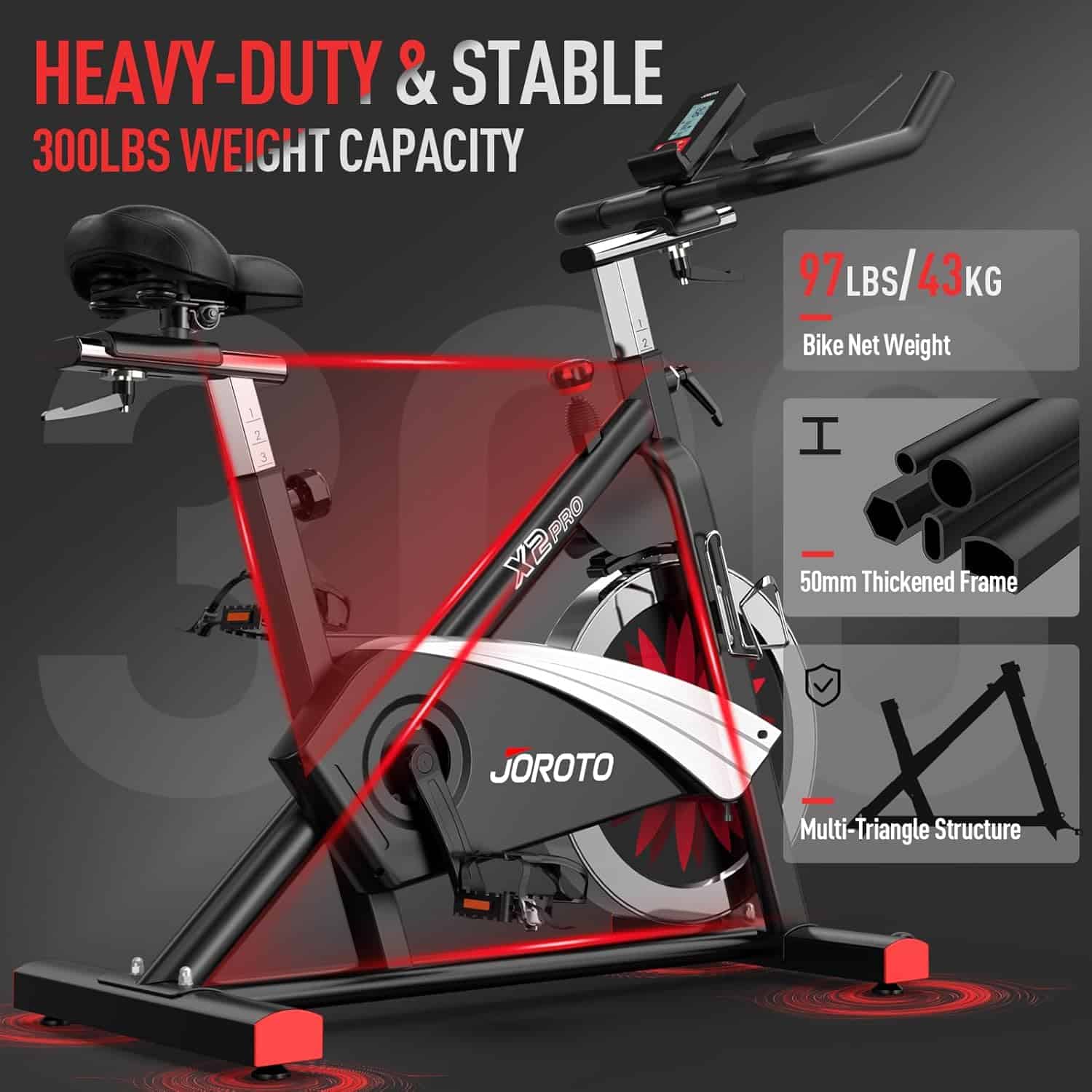 Red and black stationary bike with JOROTO branding on a gray background