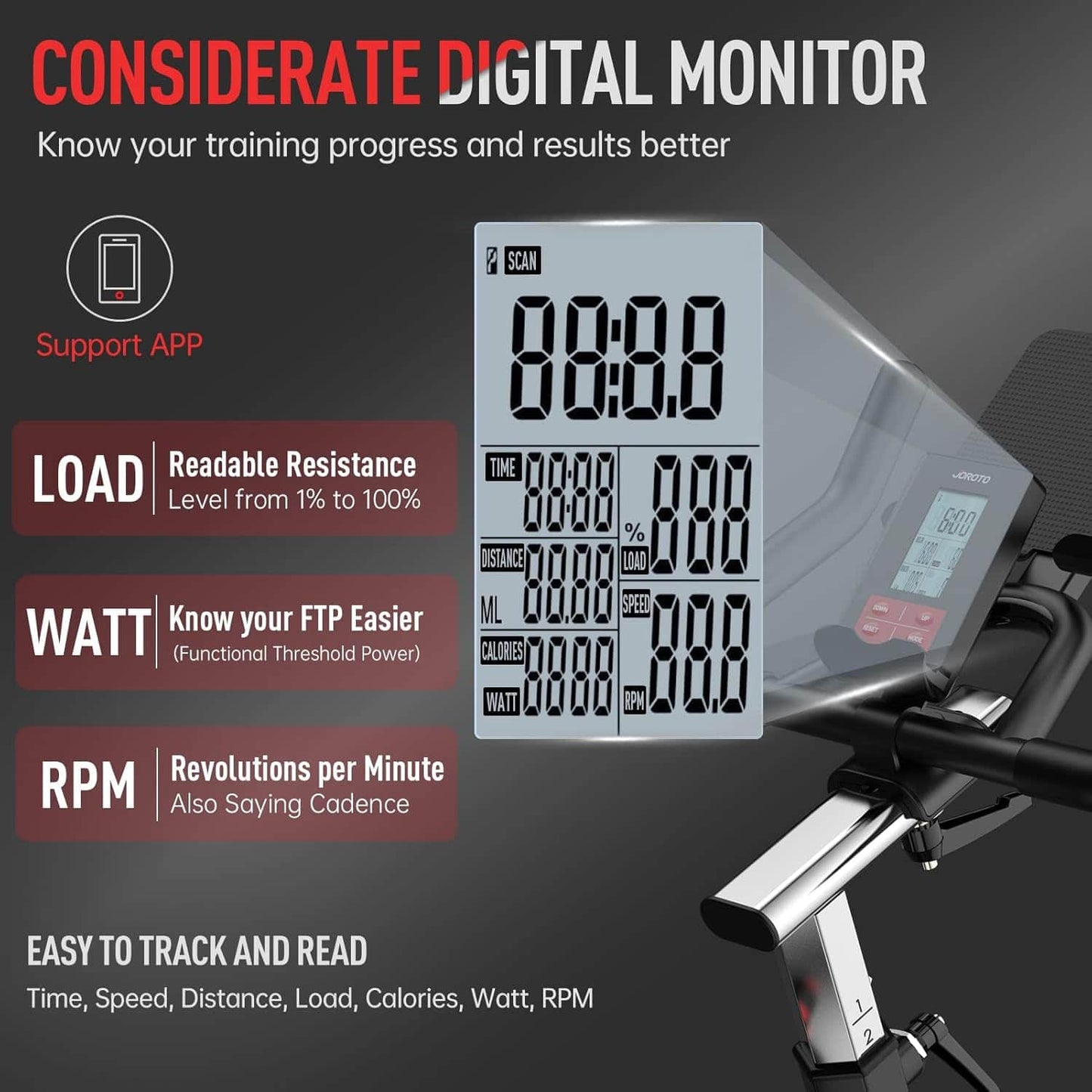 Digital monitor for exercise equipment with features listed on a dark background