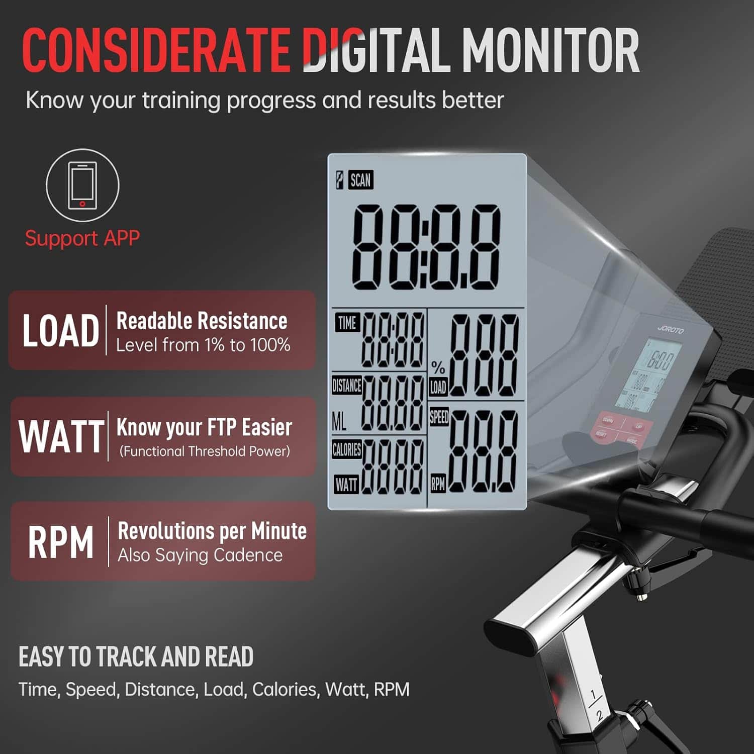 Digital monitor for exercise equipment with features listed on a dark background