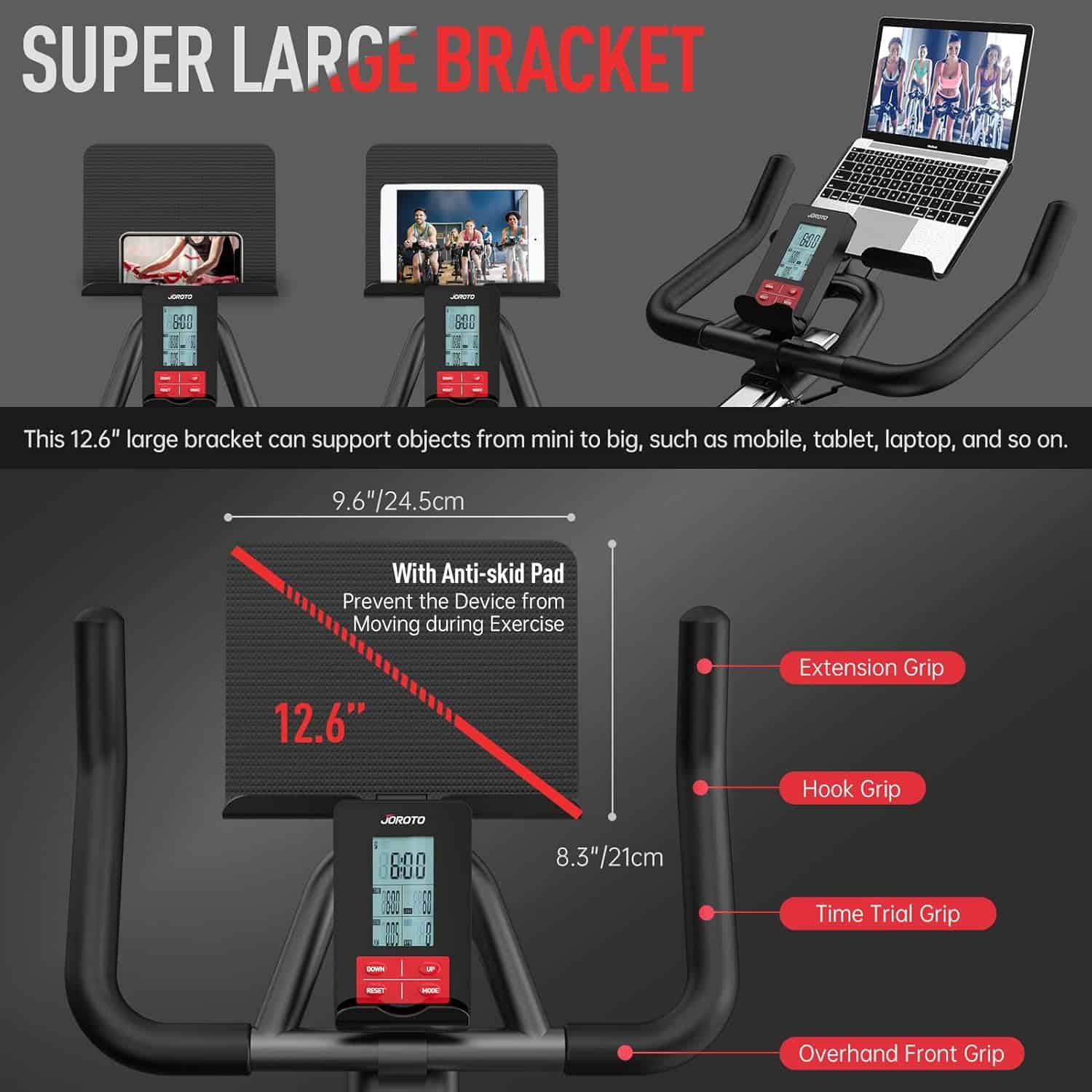 Exercise bike with a large bracket for devices, showing its features and measurements.