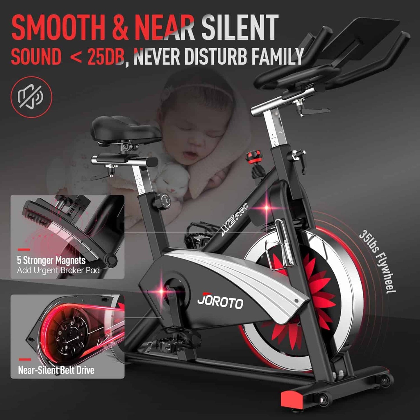 Joroto exercise bike with features highlighted on a dark background