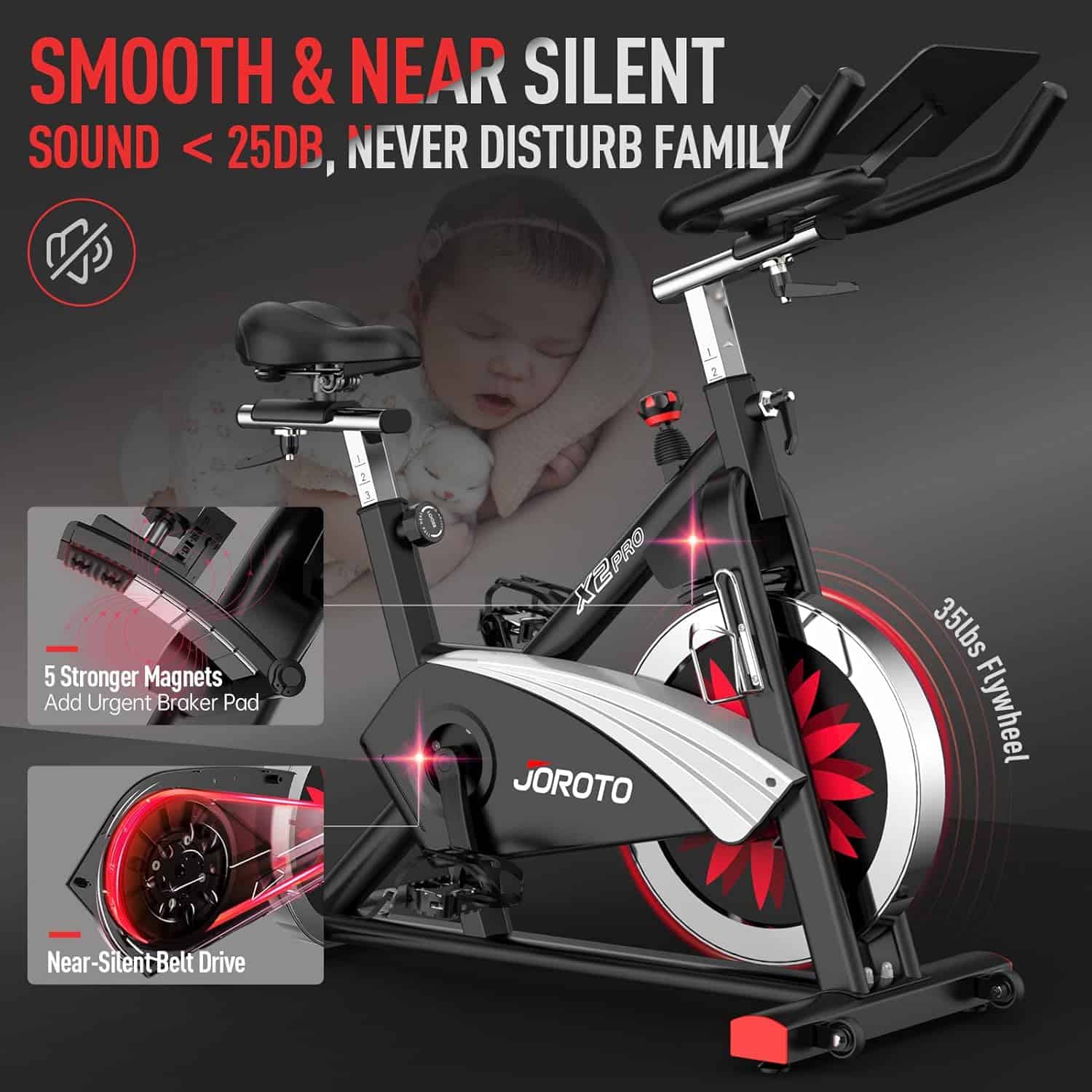 Joroto exercise bike with features highlighted on a dark background