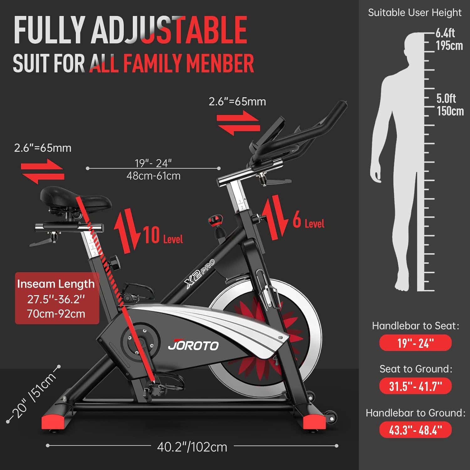 Joroto exercise bike with adjustable features and user height measurement chart on a dark background