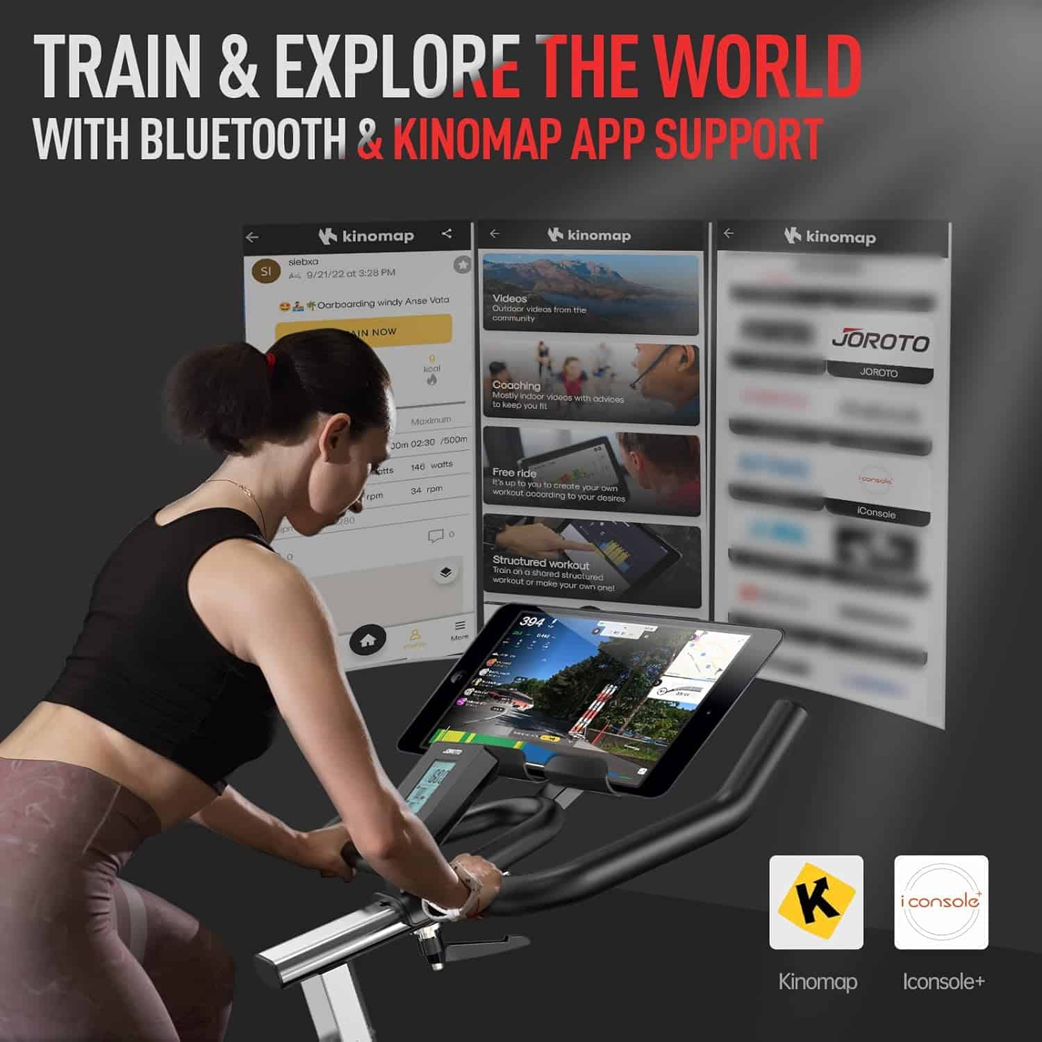 Woman exercising on a bike with digital screens displaying app interfaces, promoting Bluetooth and Kinomap app support.