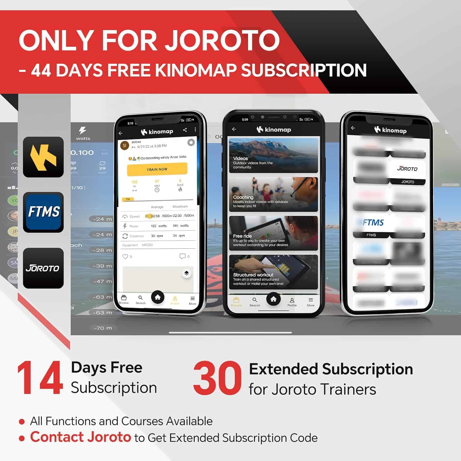 Advertisement for Joroto's free Kinomap subscription offer with smartphone screens displaying the app.