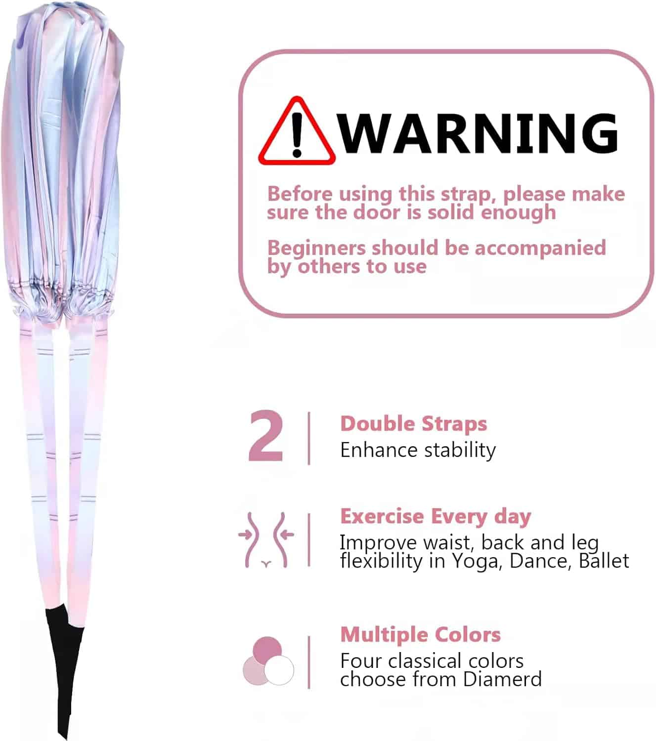 Yoga strap with warning label and product features on a white background