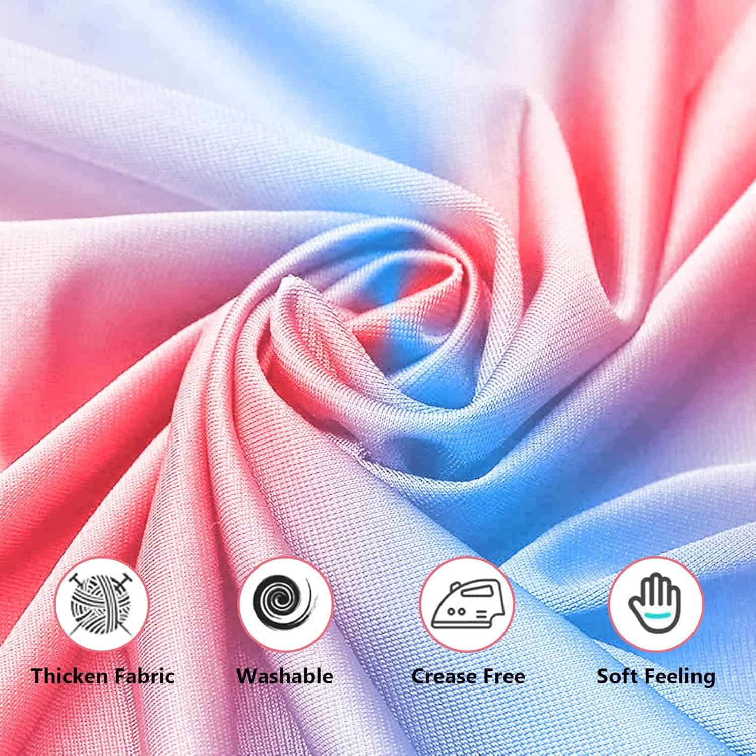 Multicolored fabric with icons and text indicating fabric properties.
