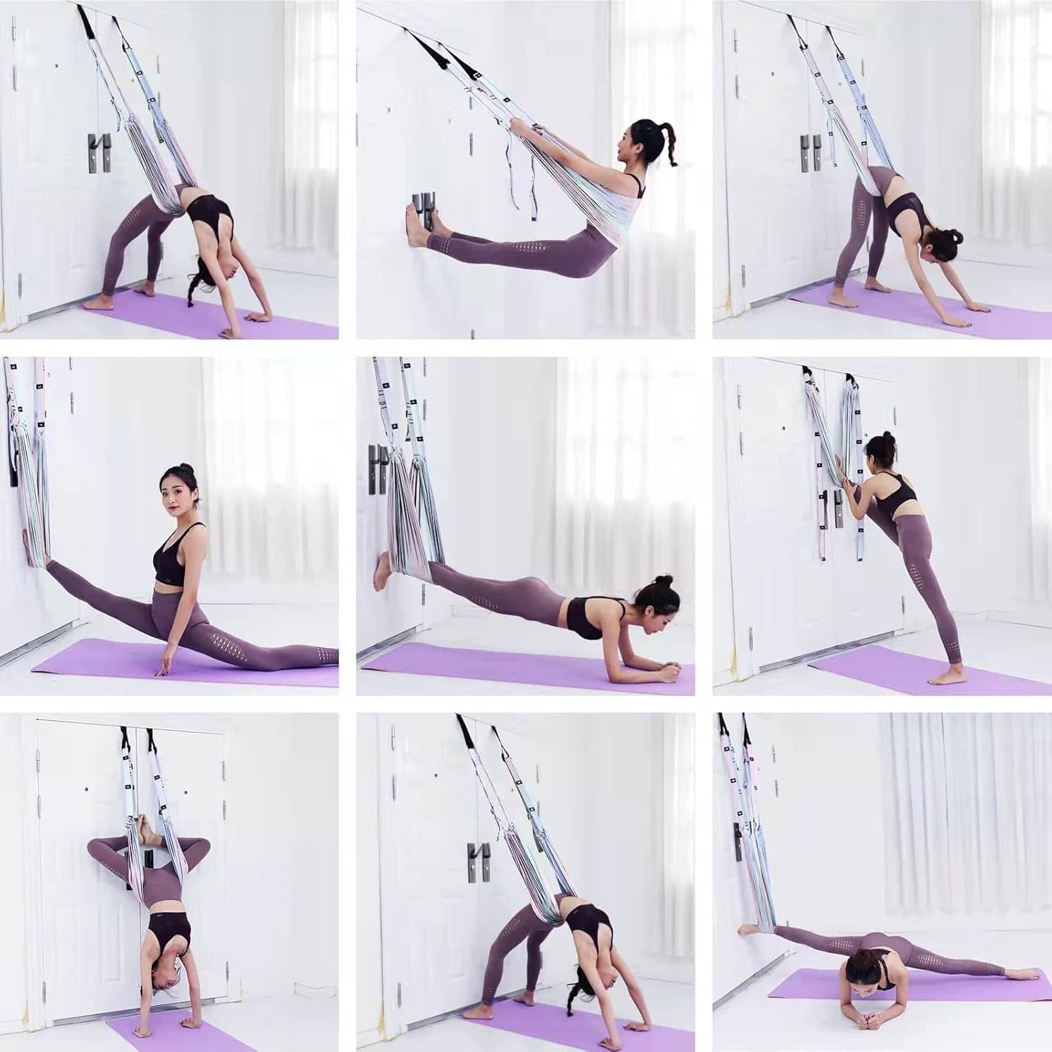 Grid of images showing a woman performing various yoga poses using an aerial yoga hammock.