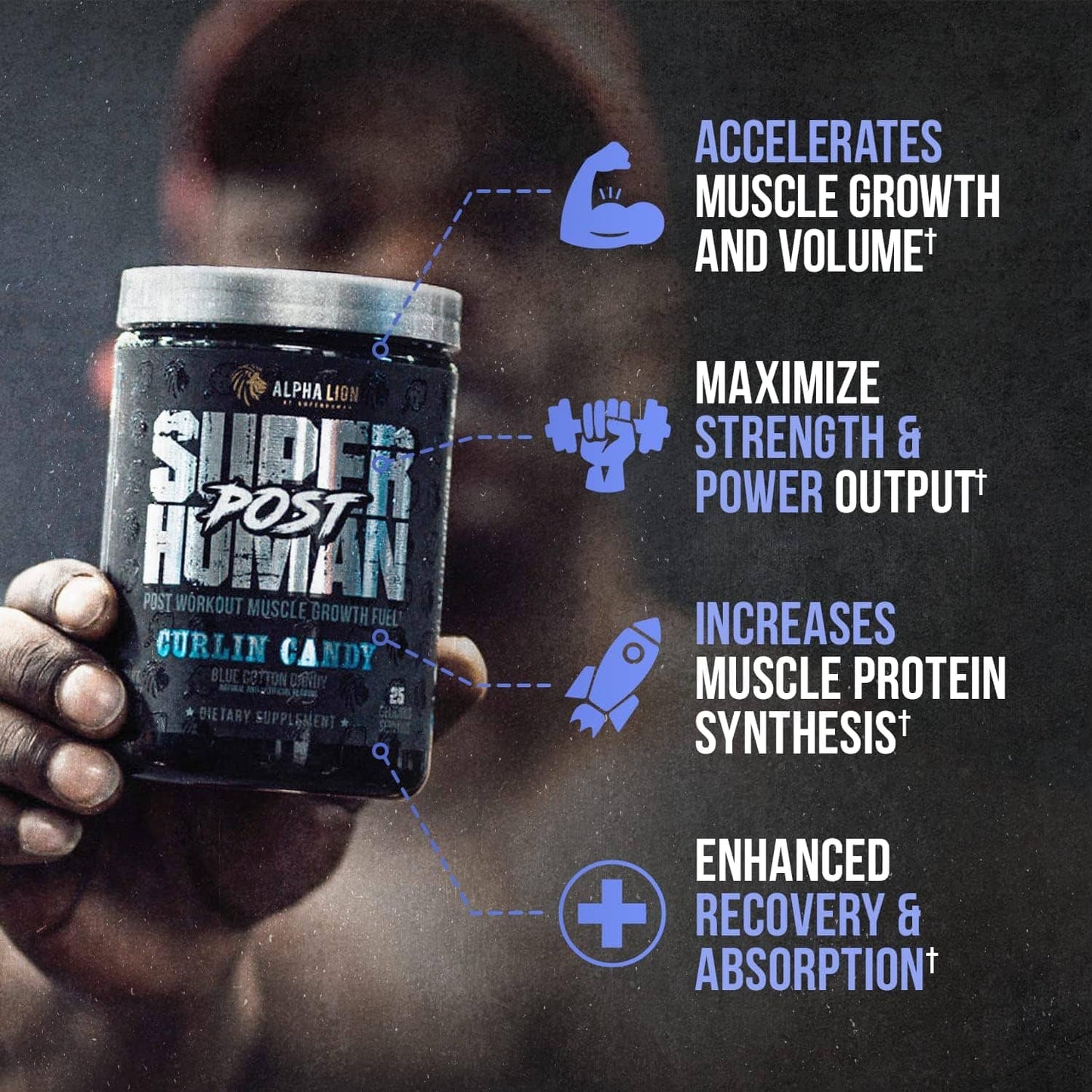 Hand holding a supplement container labeled 'Super Human' with text about its benefits on a dark background.