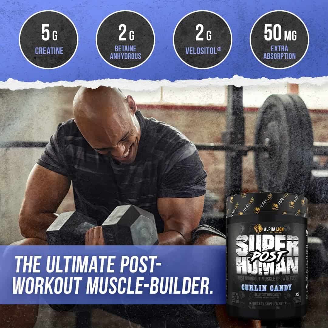 Man lifting weights with a supplement container labeled 'Super Post Human' in a gym setting.