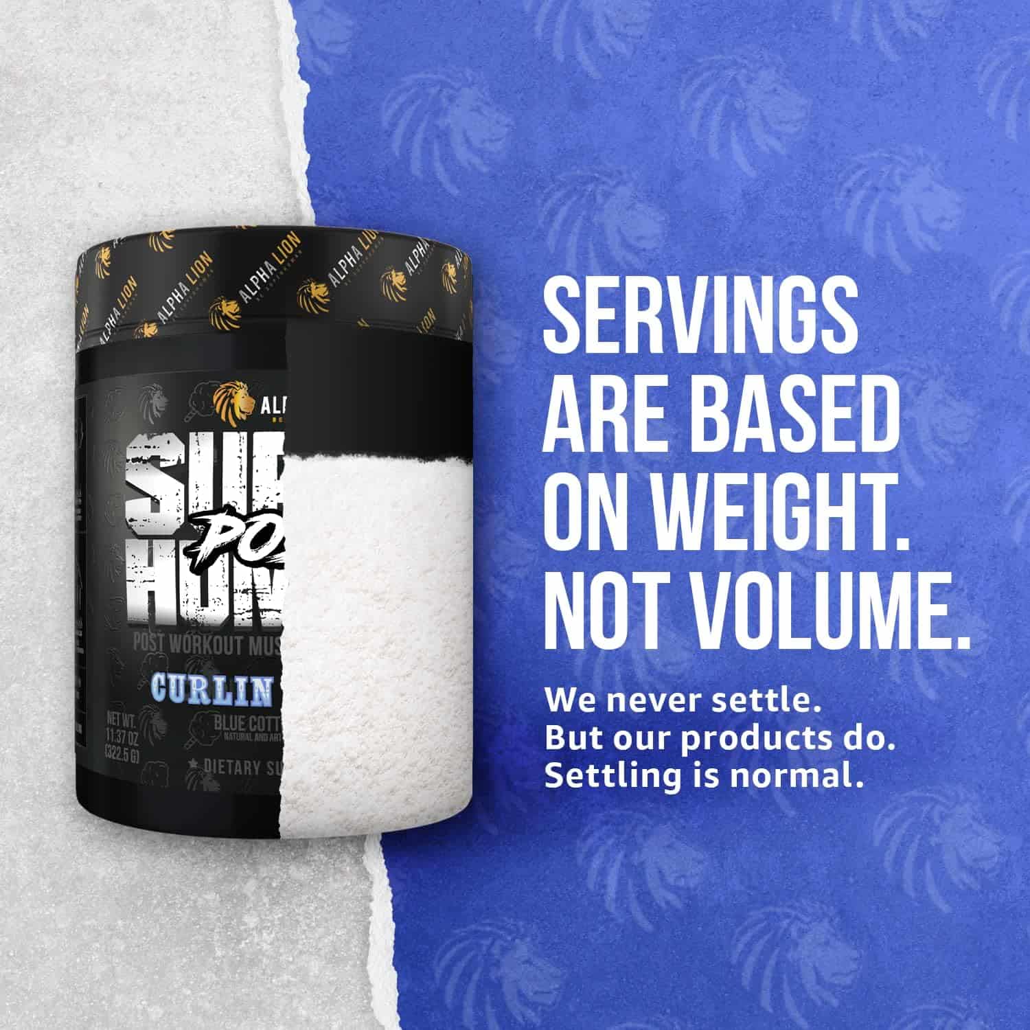 Supplement container with text about weight-based servings on a blue and gray background