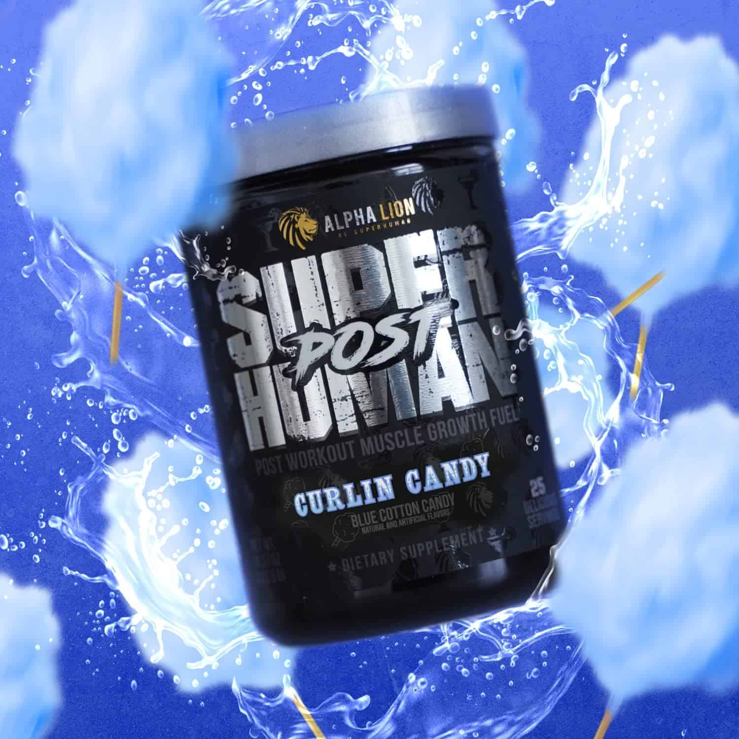 Supplement container labeled 'Super Human' with blue cotton candy on a blue background