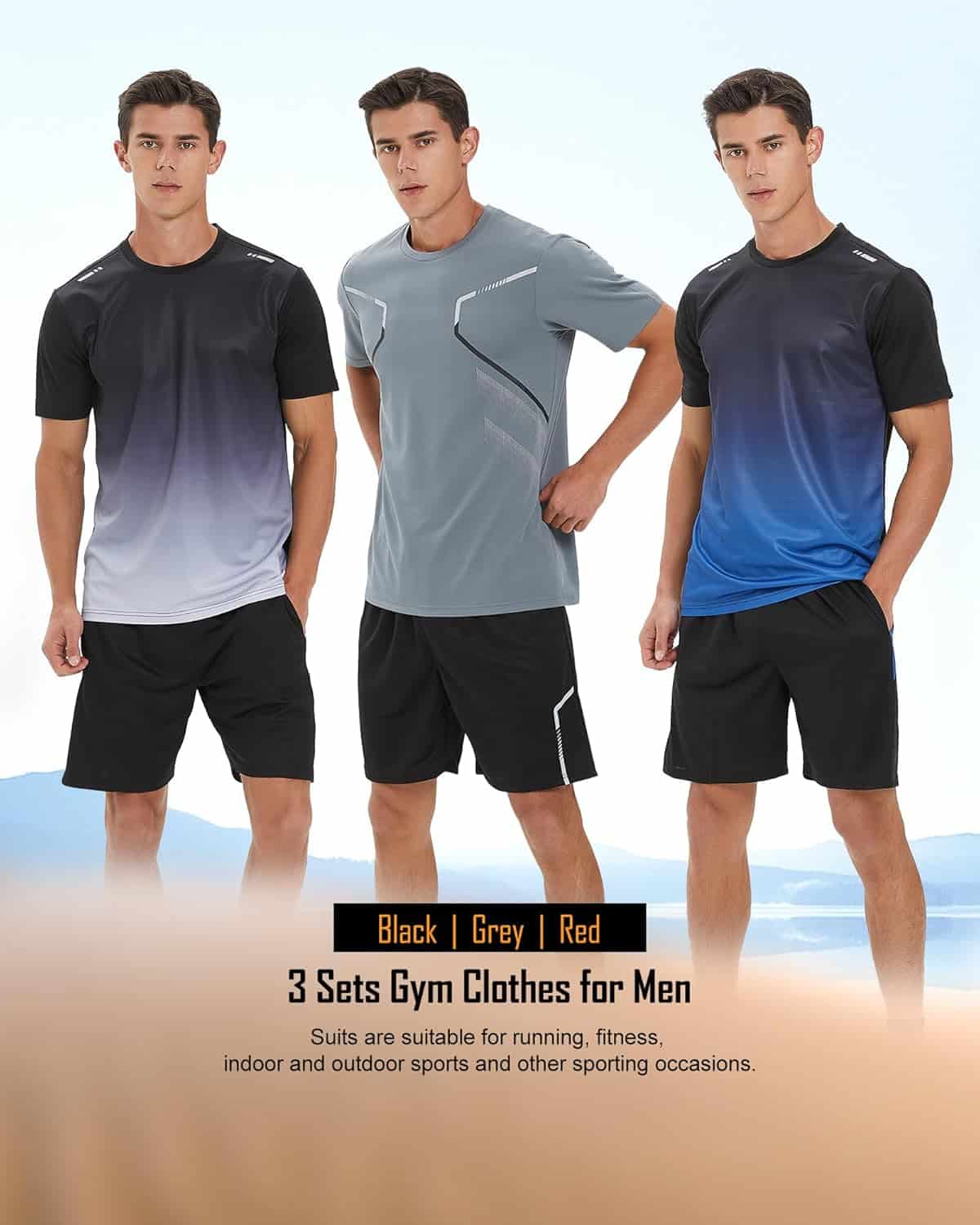 Three men wearing gradient gym clothes in black, gray, and blue with text about the product details.
