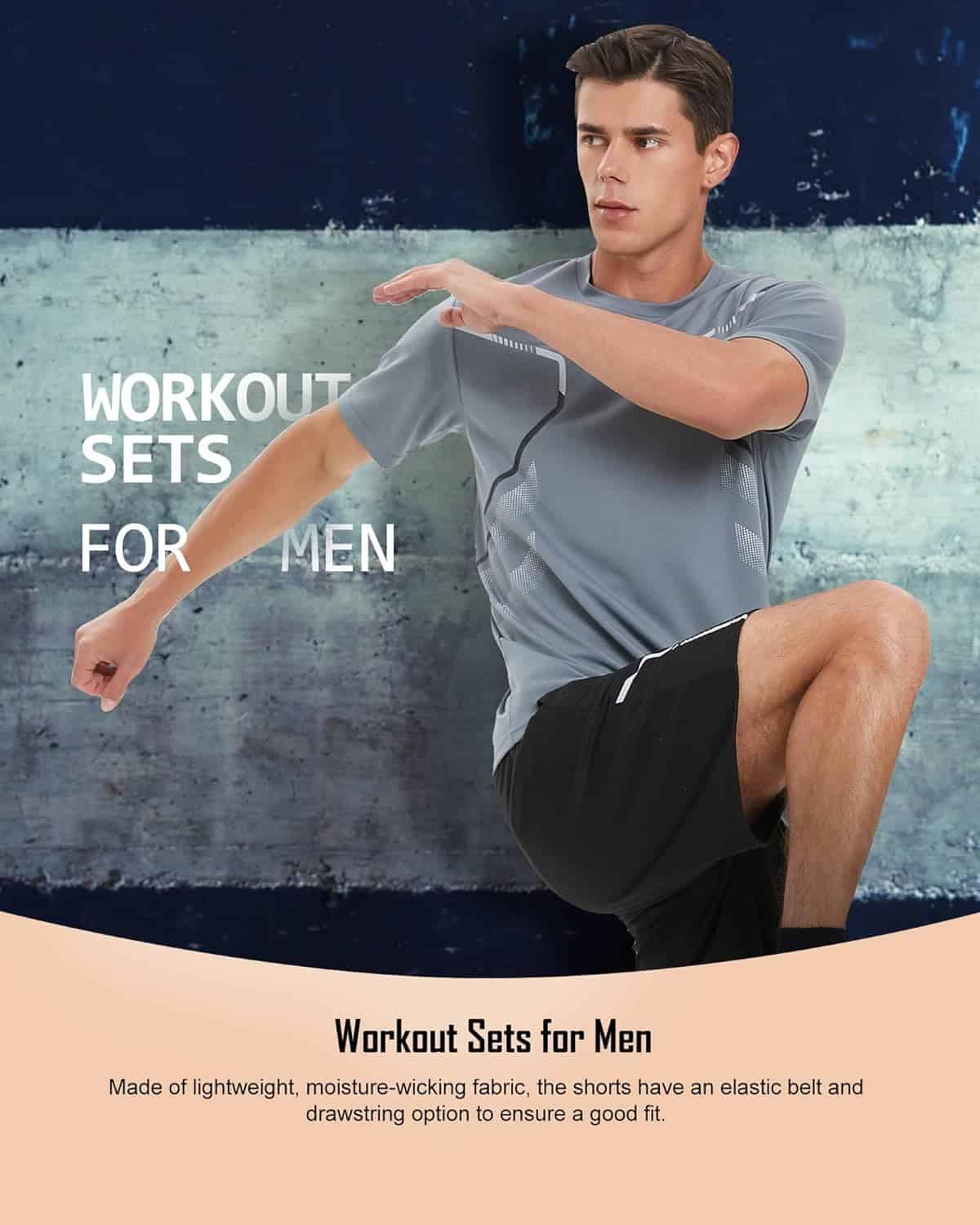 Man in gray t-shirt and black shorts posing against a textured wall with text about workout sets for men.