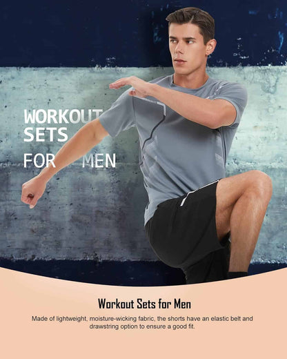 Man in gray t-shirt and black shorts posing against a textured wall with text about workout sets for men.